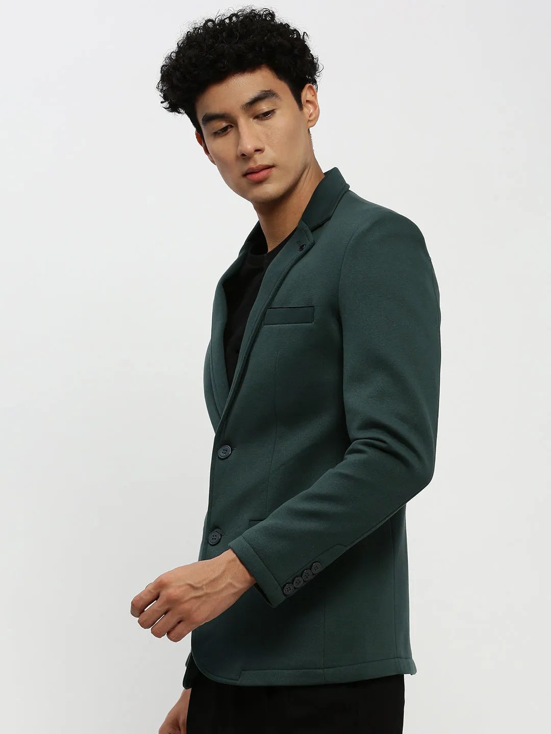 Men Dark Green Solid Single-Breasted Blazer