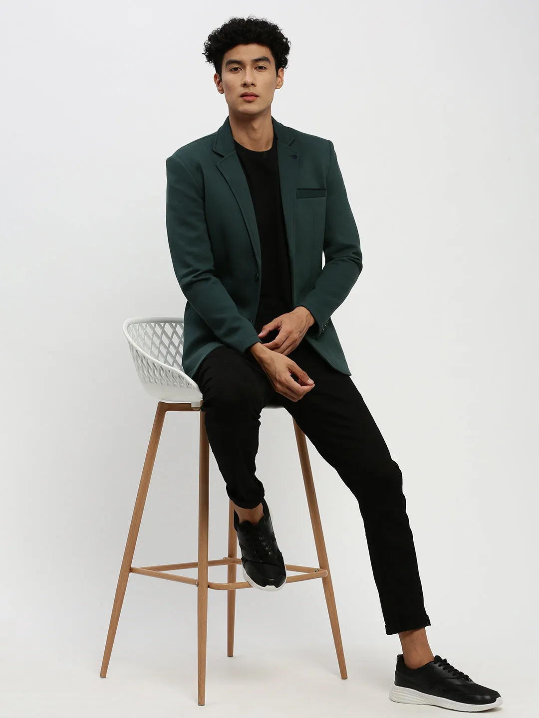 Men Dark Green Solid Single-Breasted Blazer