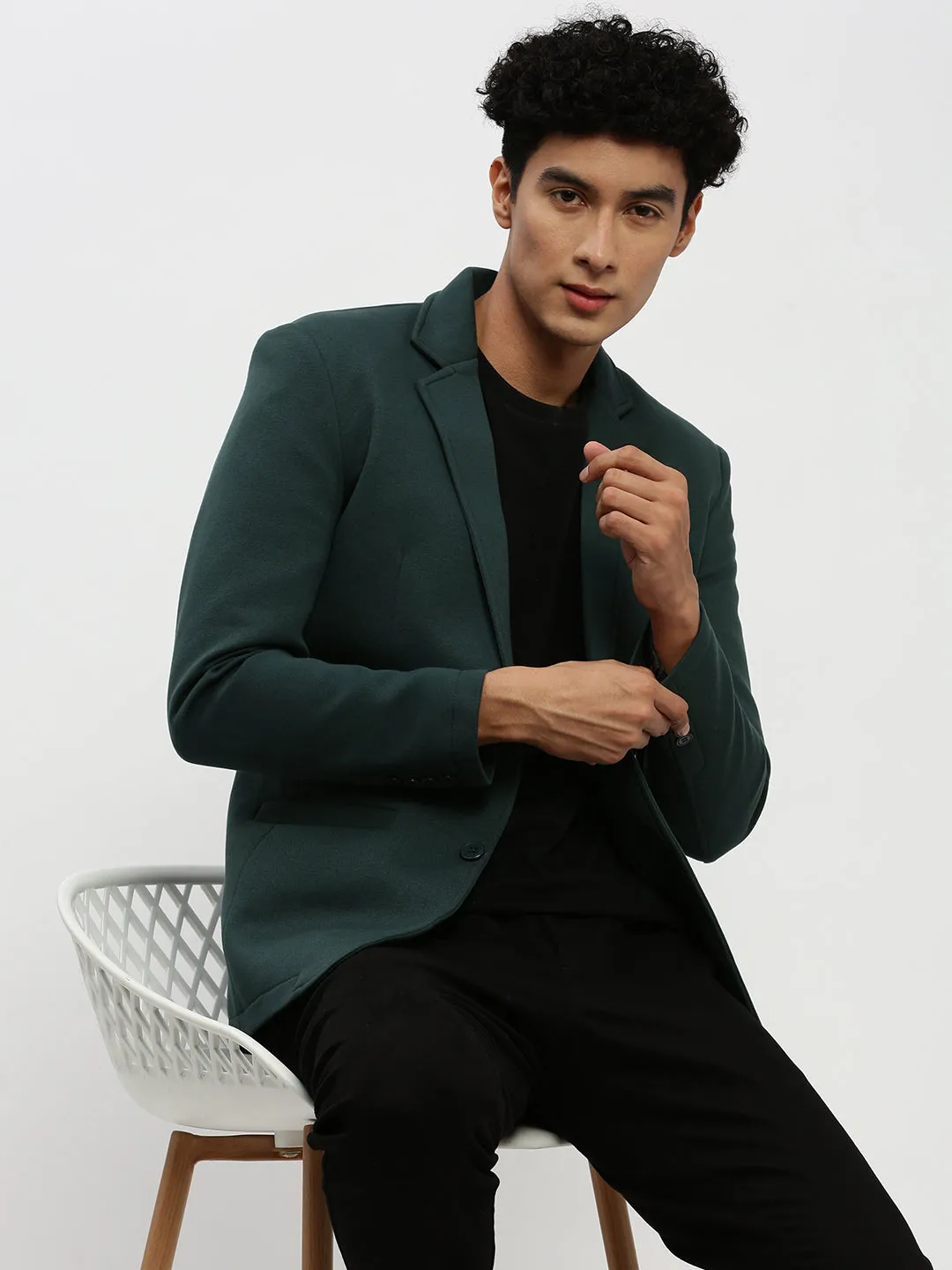Men Dark Green Solid Single-Breasted Blazer