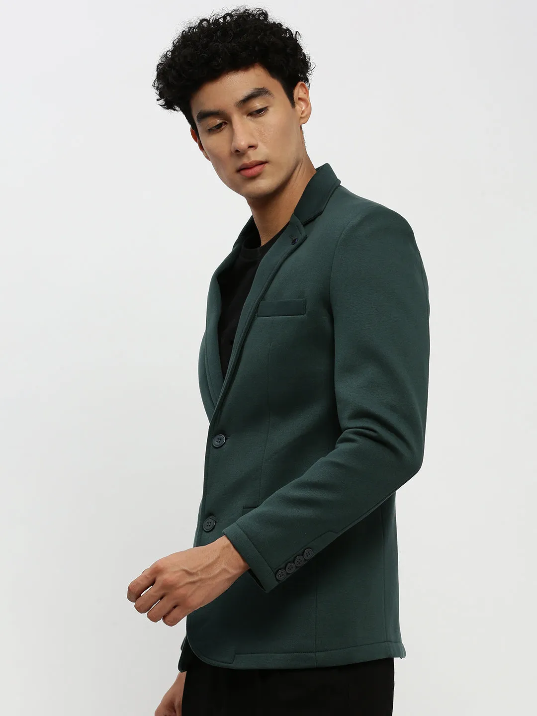 Men Green Single Breasted Slim Fit Blazer