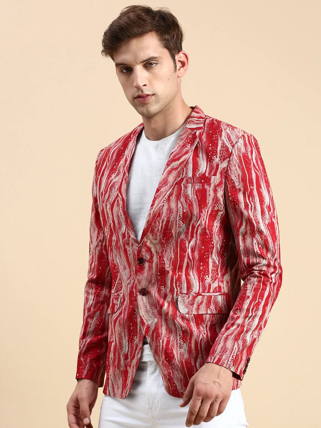 Men Maroon Printed Slim-Fit Single Breasted Blazer