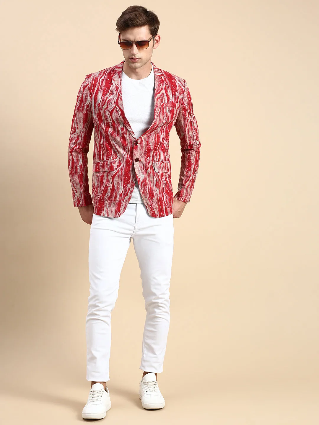 Men Maroon Printed Slim-Fit Single Breasted Blazer