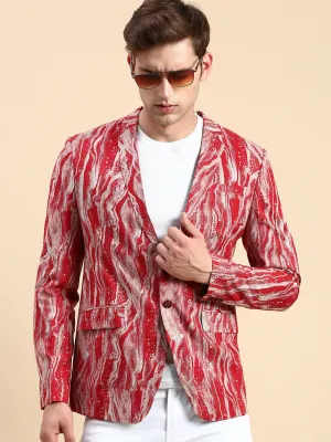 Men Maroon Printed Slim-Fit Single Breasted Blazer