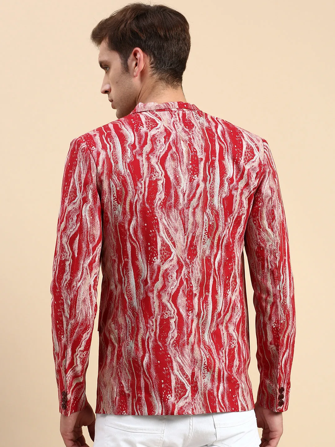 Men Maroon Printed Slim-Fit Single Breasted Blazer