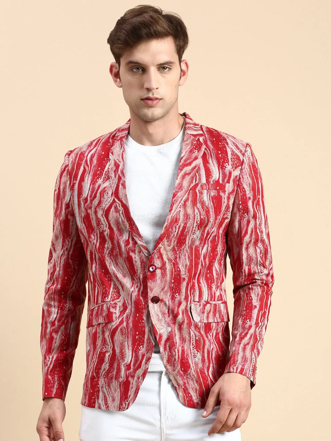 Men Maroon Printed Slim-Fit Single Breasted Blazer