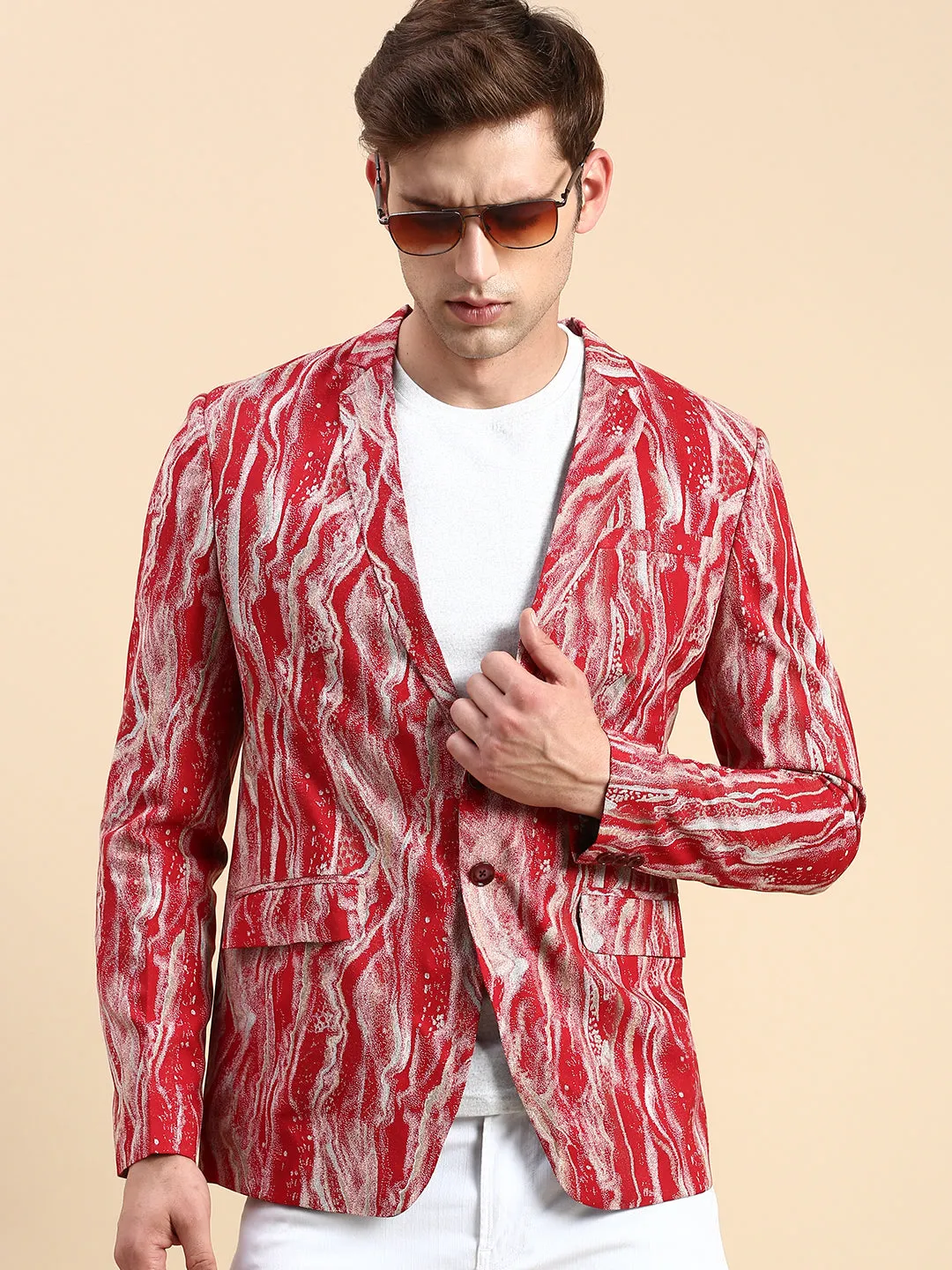 Men Maroon Printed Slim-Fit Single Breasted Blazer