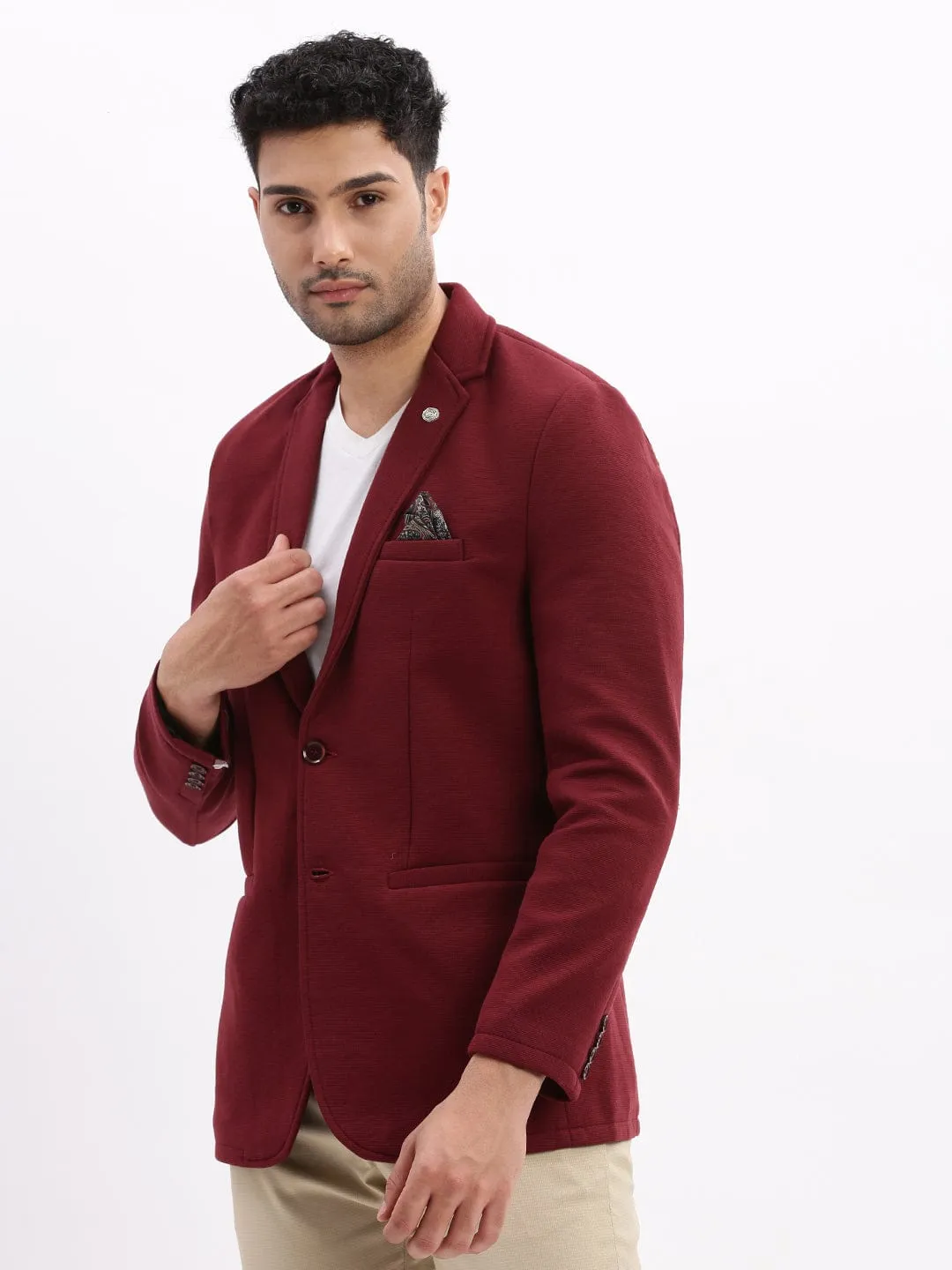 Men Maroon Slim-Fit Single Breasted Notched Lapel Collar Cotton Casual Blazer