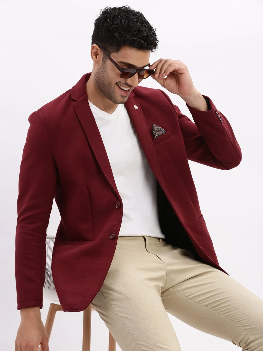 Men Maroon Slim-Fit Single Breasted Notched Lapel Collar Cotton Casual Blazer