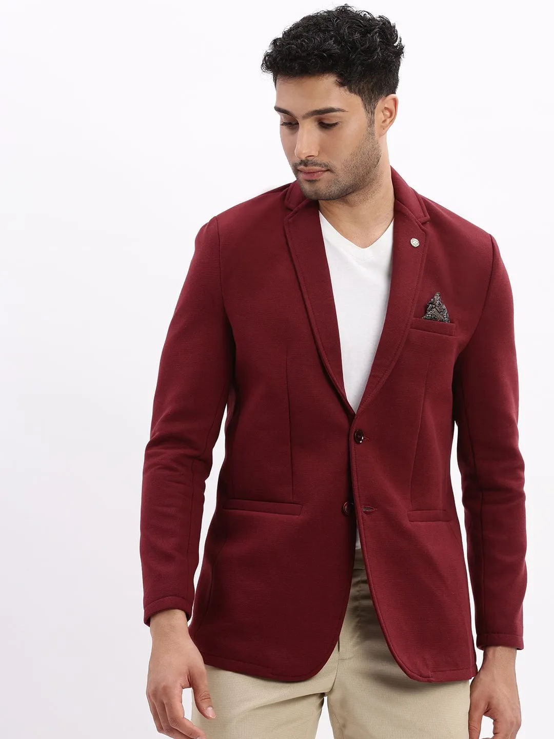 Men Maroon Slim-Fit Single Breasted Notched Lapel Collar Cotton Casual Blazer
