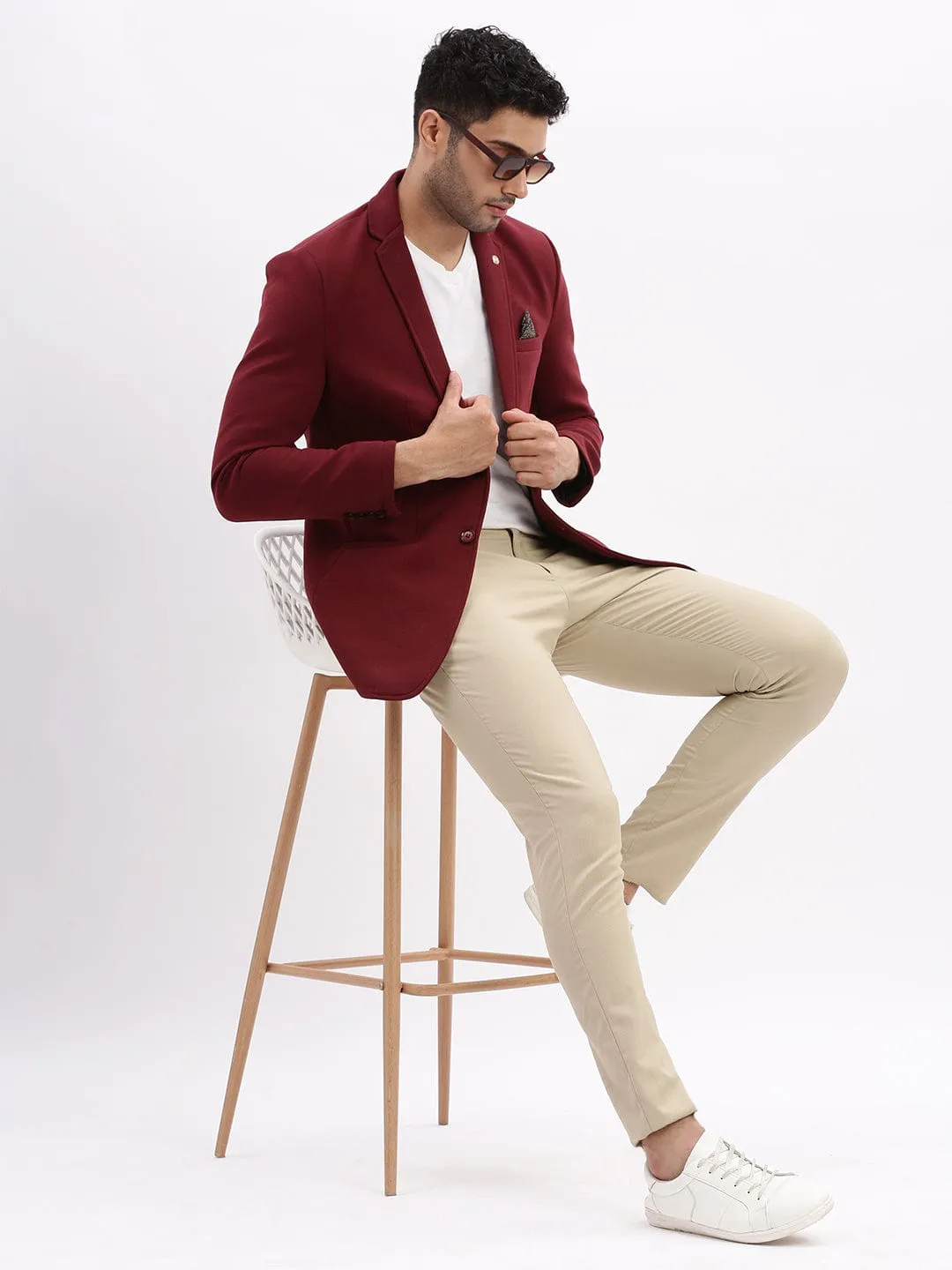 Men Maroon Slim-Fit Single Breasted Notched Lapel Collar Cotton Casual Blazer