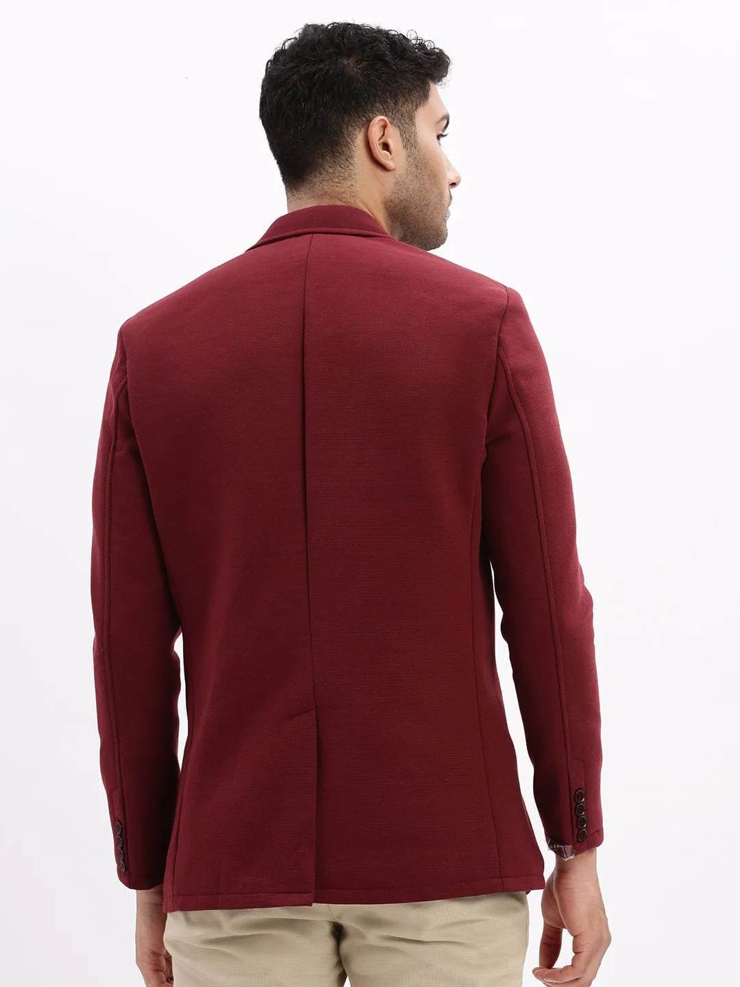 Men Maroon Slim-Fit Single Breasted Notched Lapel Collar Cotton Casual Blazer
