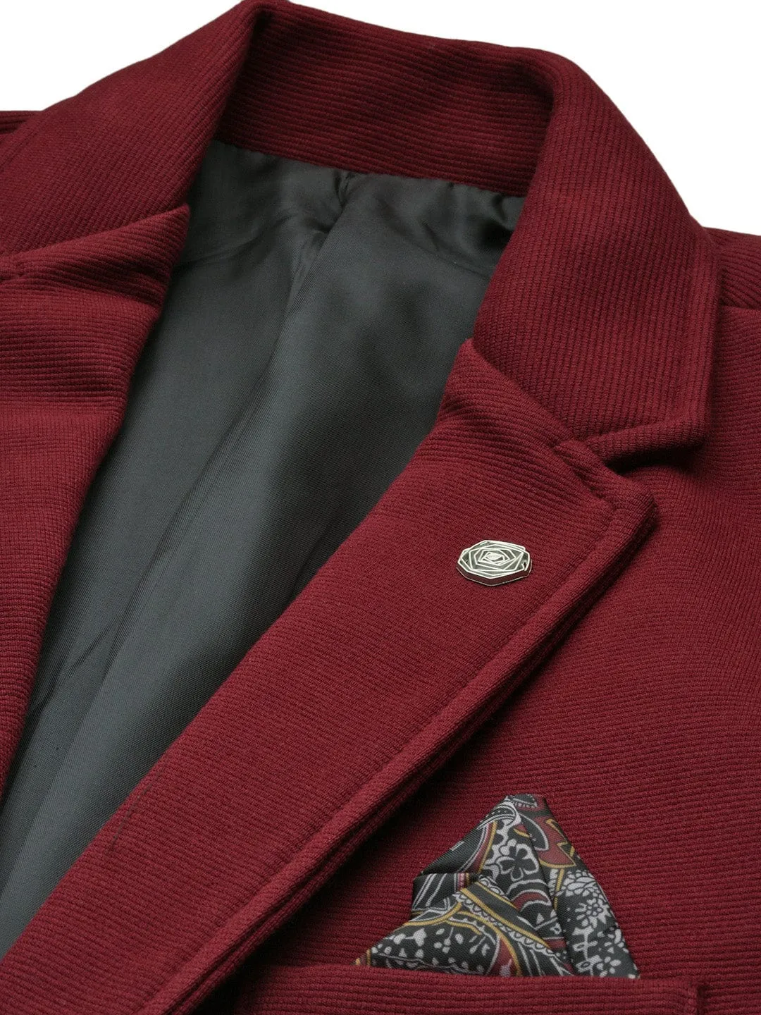 Men Maroon Slim-Fit Single Breasted Notched Lapel Collar Cotton Casual Blazer