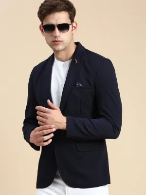 Men Navy Blue Slim-Fit Single Breasted Blazer