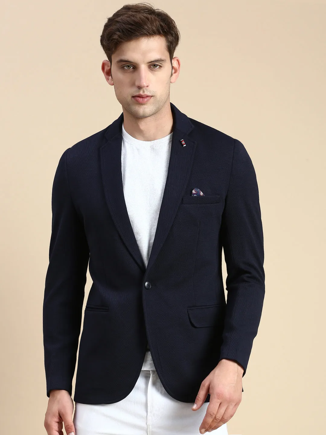 Men Navy Blue Slim-Fit Single Breasted Blazer