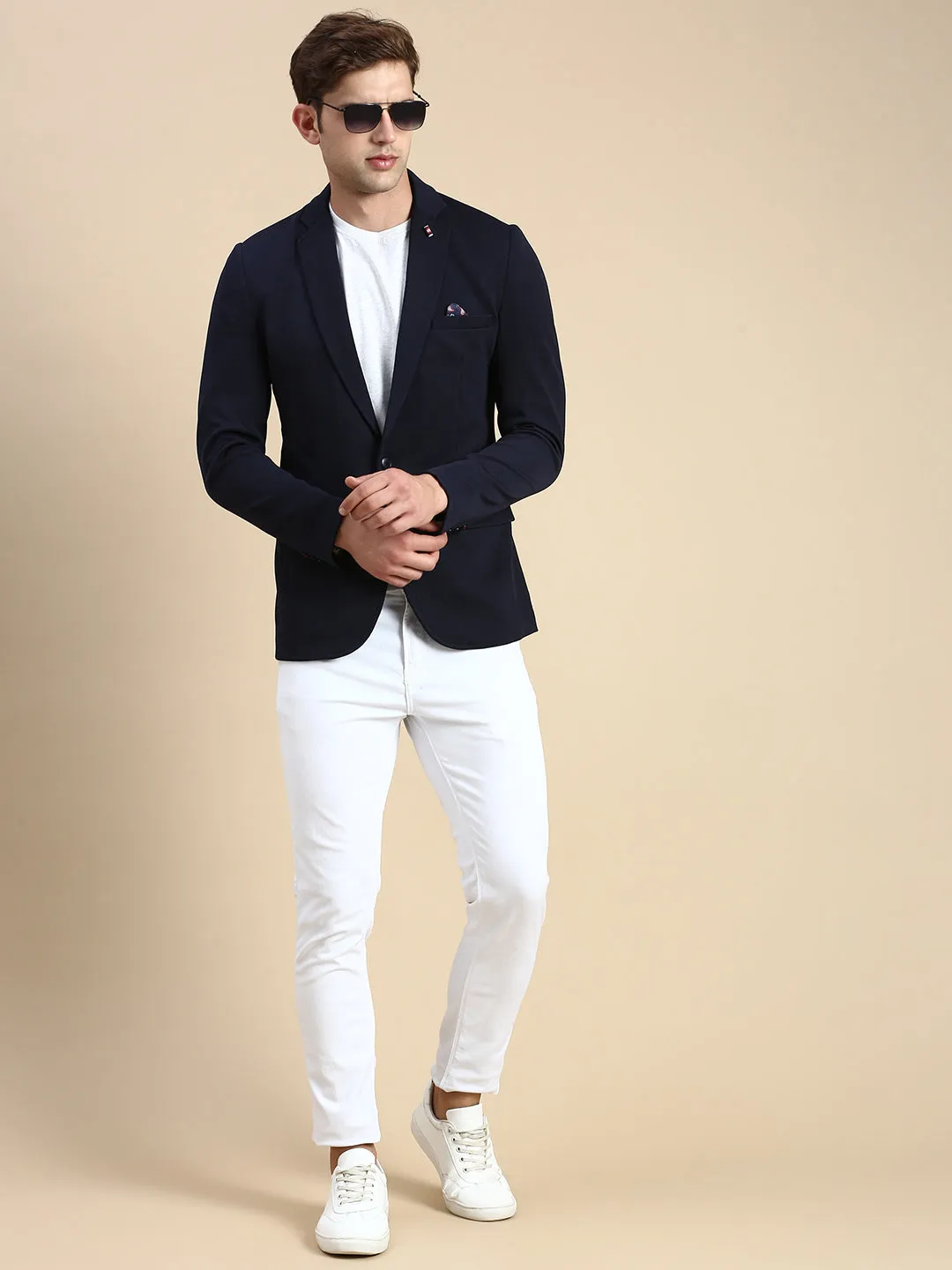 Men Navy Blue Slim-Fit Single Breasted Blazer