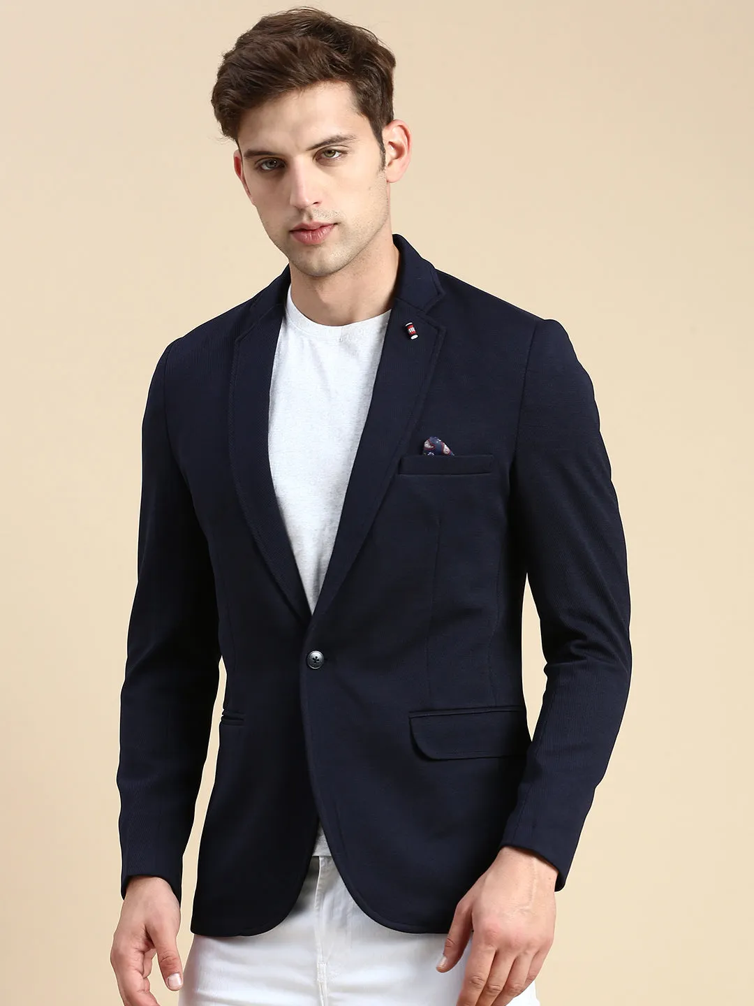 Men Navy Blue Slim-Fit Single Breasted Blazer