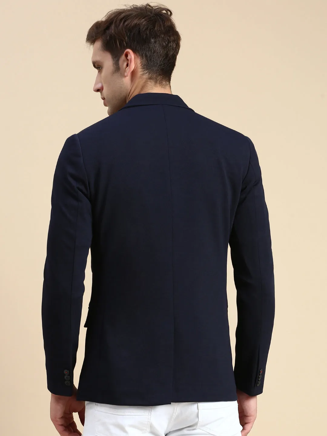 Men Navy Blue Slim-Fit Single Breasted Blazer