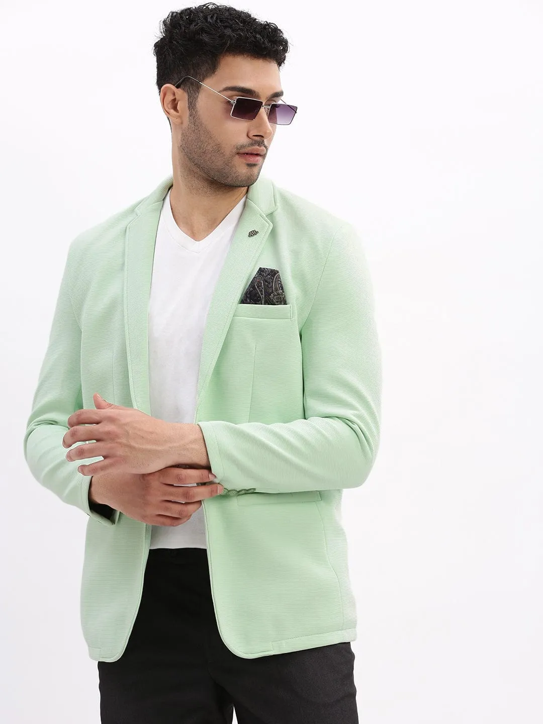 Men Sea Green Cotton Single-Breasted Casual Blazer
