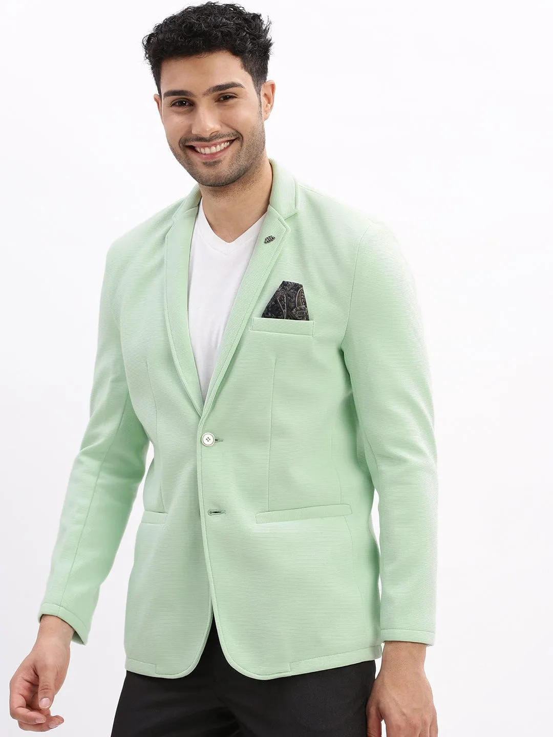 Men Sea Green Cotton Single-Breasted Casual Blazer