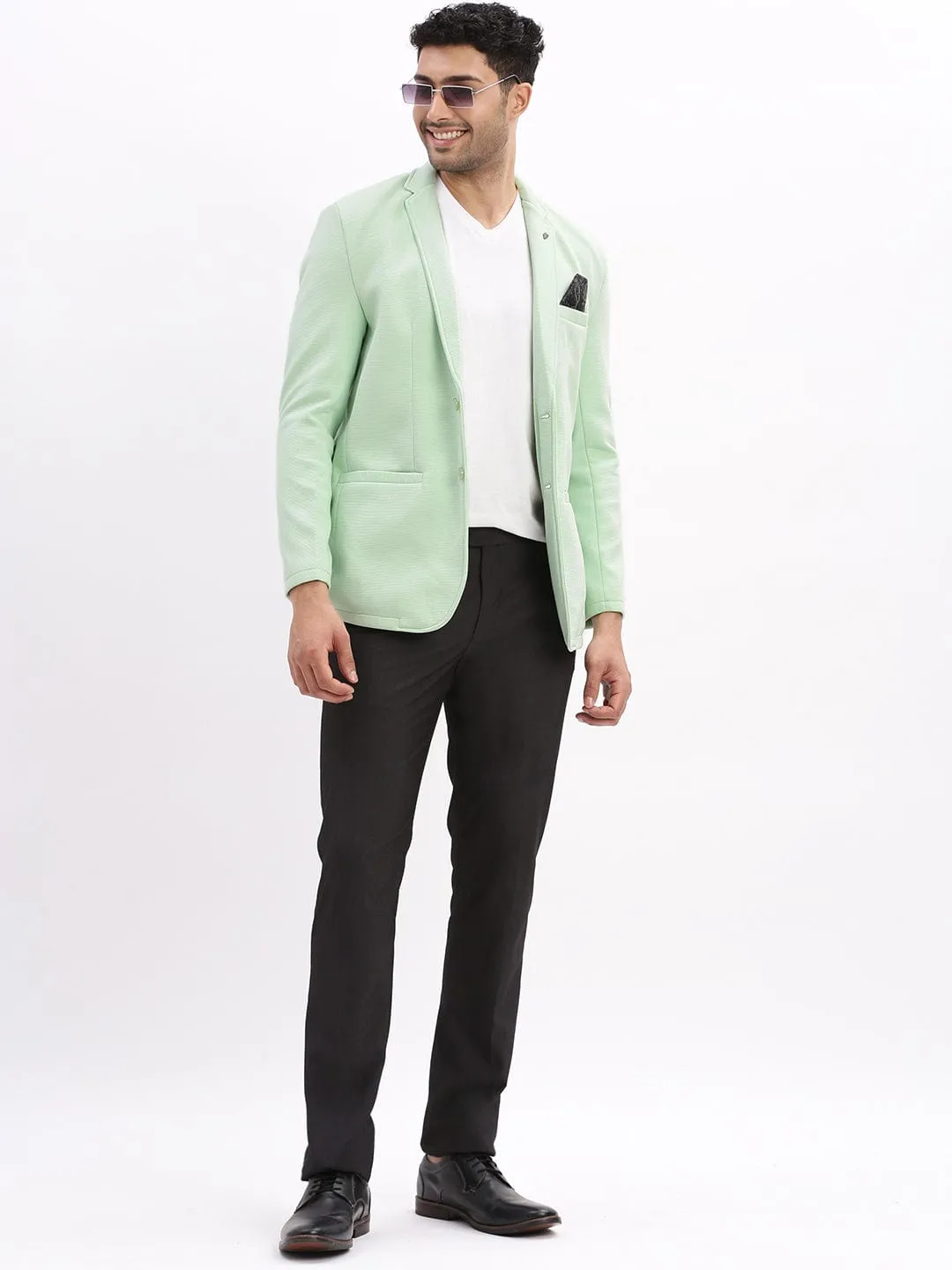 Men Sea Green Cotton Single-Breasted Casual Blazer