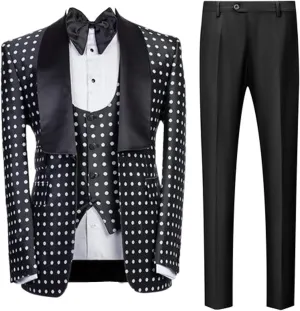 Men's Polka Dots Groom Suit Jacket and Vest Pants 3 Pieces Set Wedding Party Tuxedos
