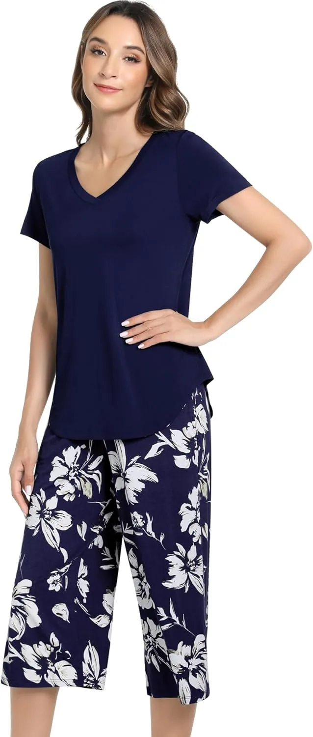 NACHILA Womens Pajamas-Viscose Made from Bamboo, Short Sleeve Pjs Top with Capri Pajama Sets for Women Cool V Neck Sleepwear
