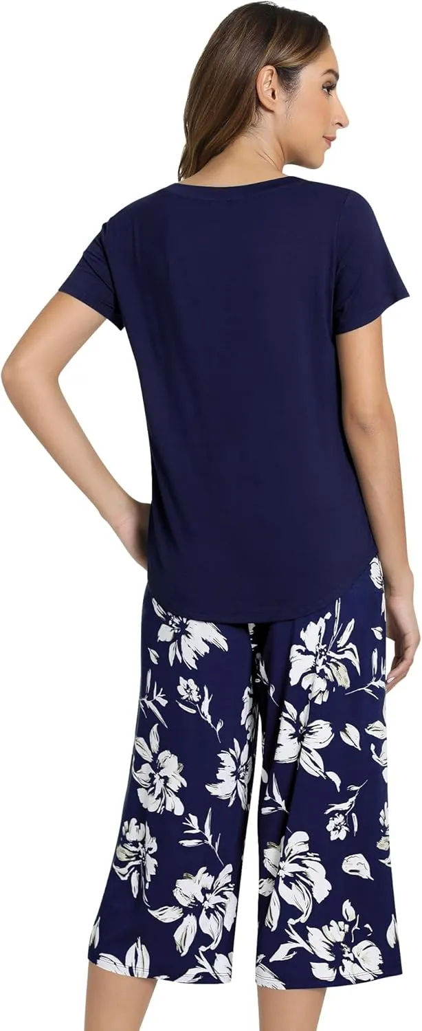 NACHILA Womens Pajamas-Viscose Made from Bamboo, Short Sleeve Pjs Top with Capri Pajama Sets for Women Cool V Neck Sleepwear