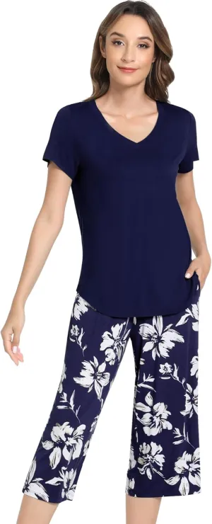 NACHILA Womens Pajamas-Viscose Made from Bamboo, Short Sleeve Pjs Top with Capri Pajama Sets for Women Cool V Neck Sleepwear