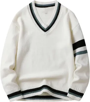 Niiyyjj Men's V-Neck Long Sleeved Sweaters Solid Undershirt Casual Knitted Stripe Pullover Jumper