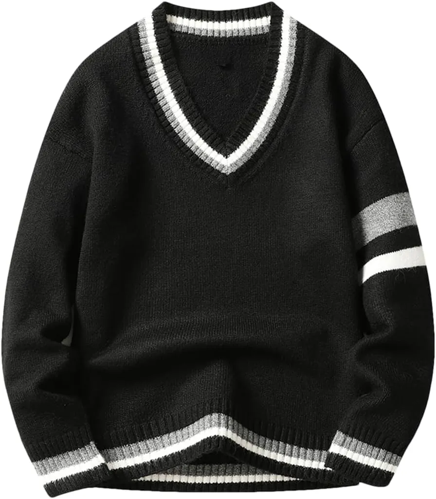Niiyyjj Men's V-Neck Long Sleeved Sweaters Solid Undershirt Casual Knitted Stripe Pullover Jumper