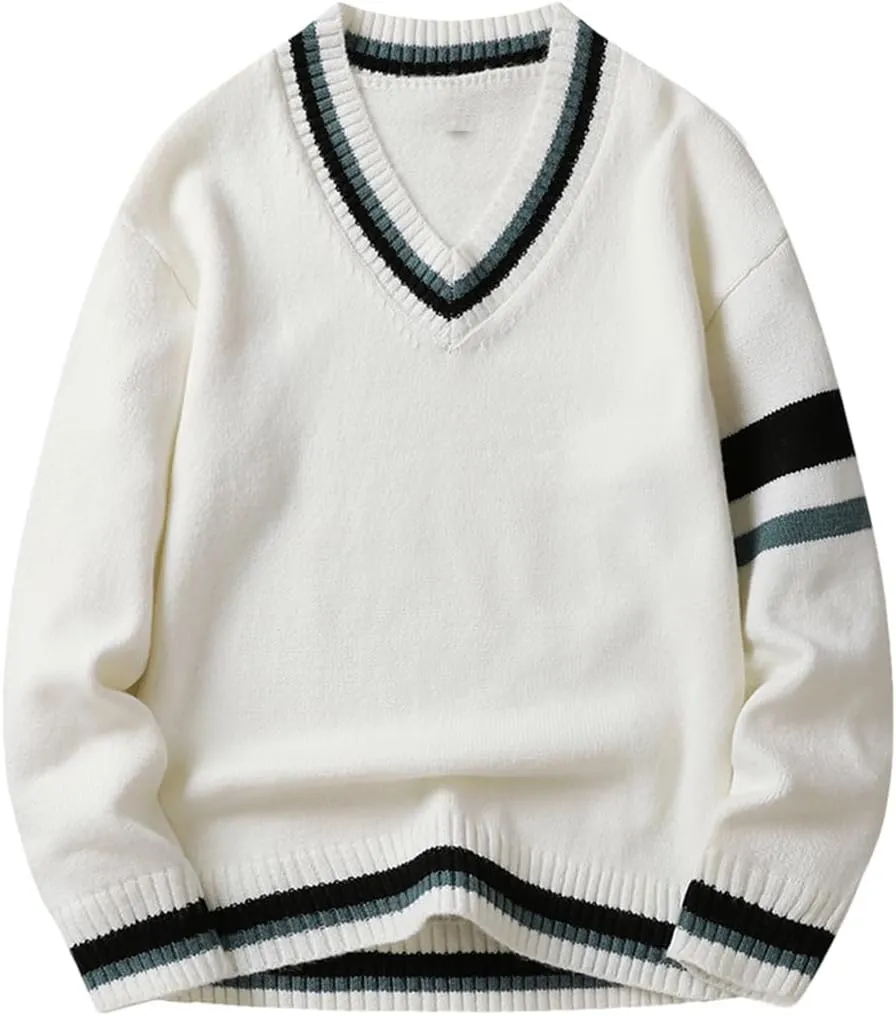Niiyyjj Men's V-Neck Long Sleeved Sweaters Solid Undershirt Casual Knitted Stripe Pullover Jumper