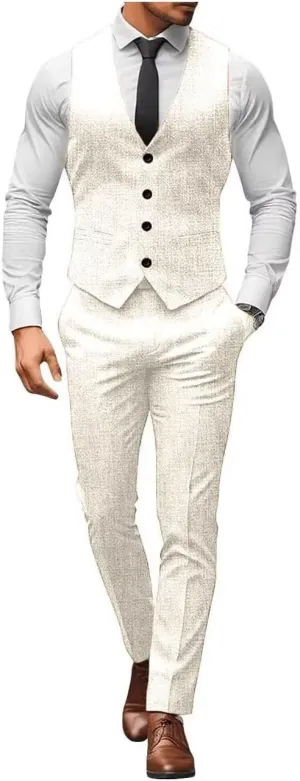 ONAXTDA Mens Slim Fit Vest and Pants Set Linen Casual 2 Piece Wedding Groomsmen Suit Waistcoat