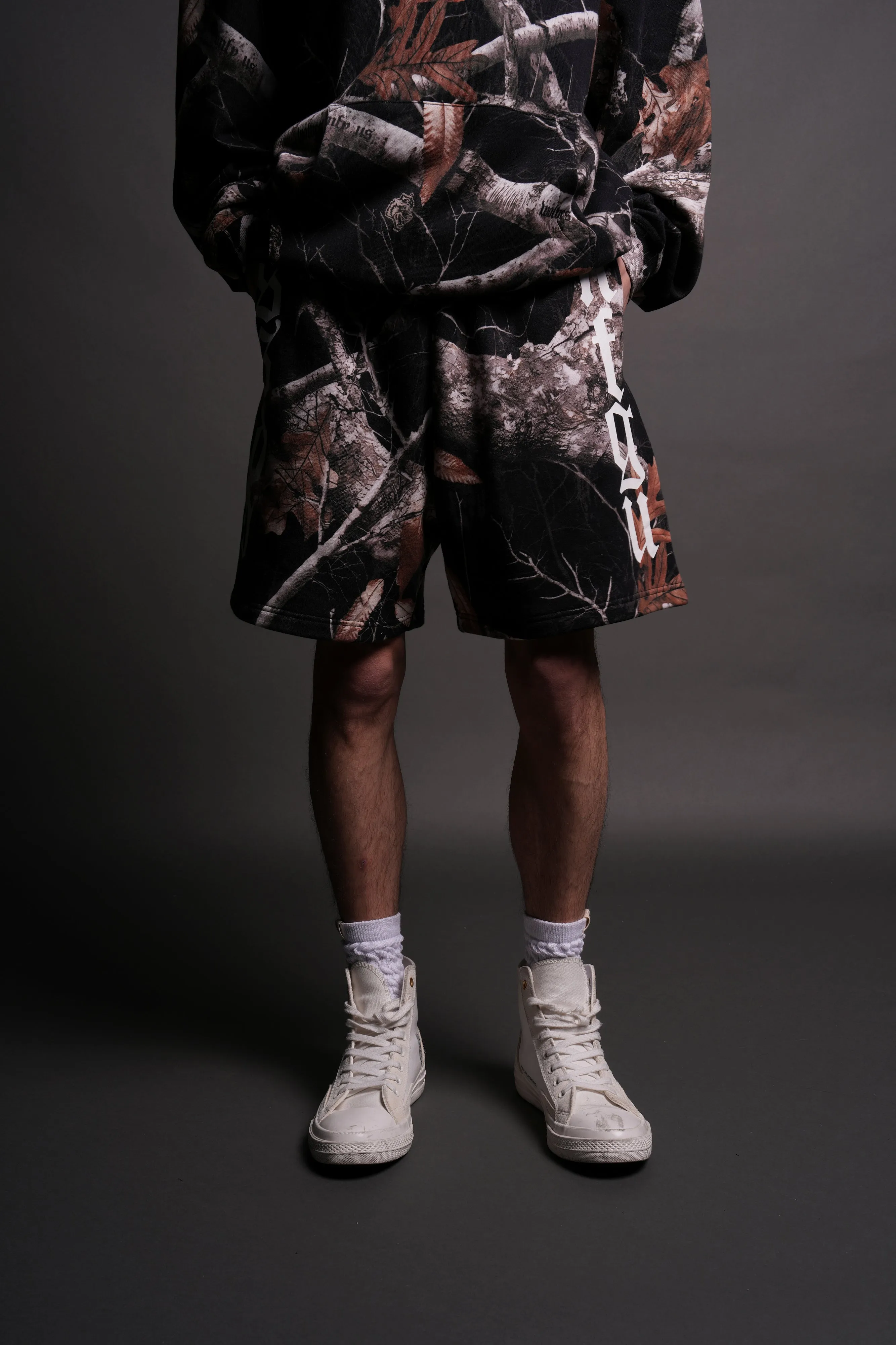 Our Mantra Oversized Post Lounge Sweat Shorts in Darc Woodland Camo