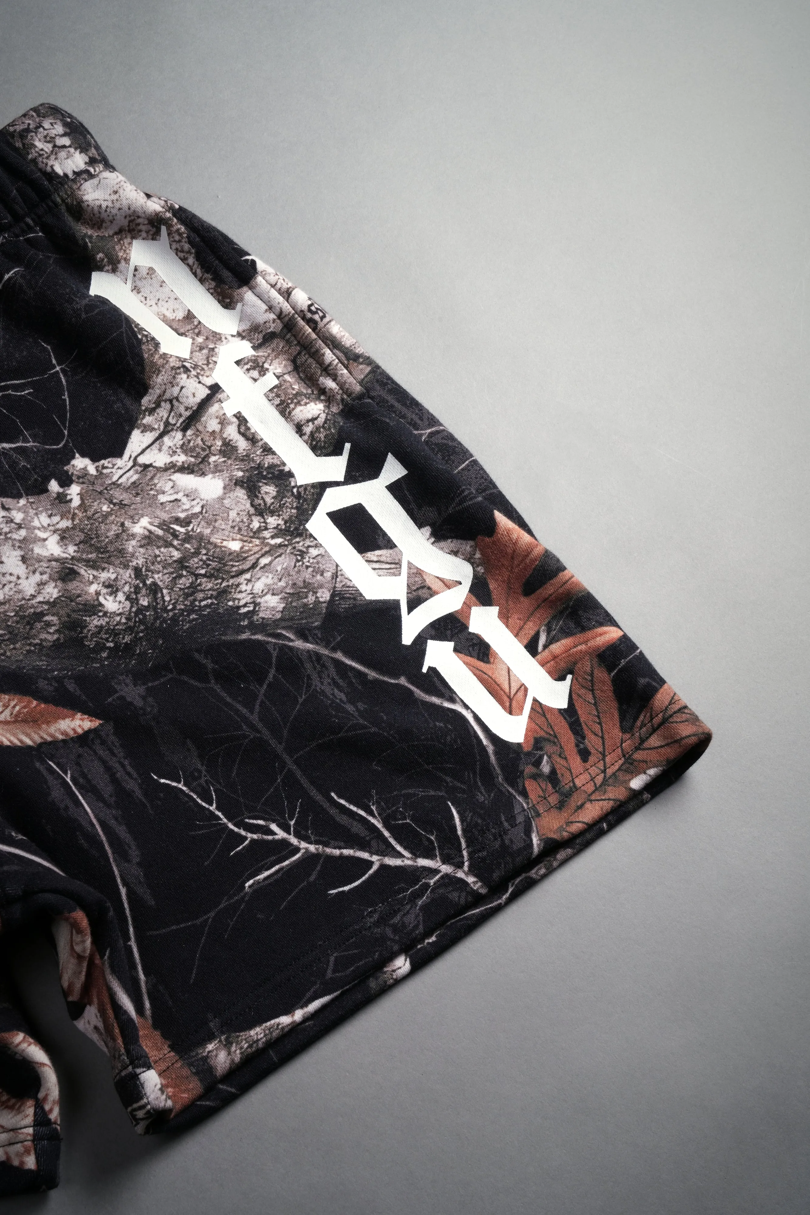 Our Mantra Oversized Post Lounge Sweat Shorts in Darc Woodland Camo