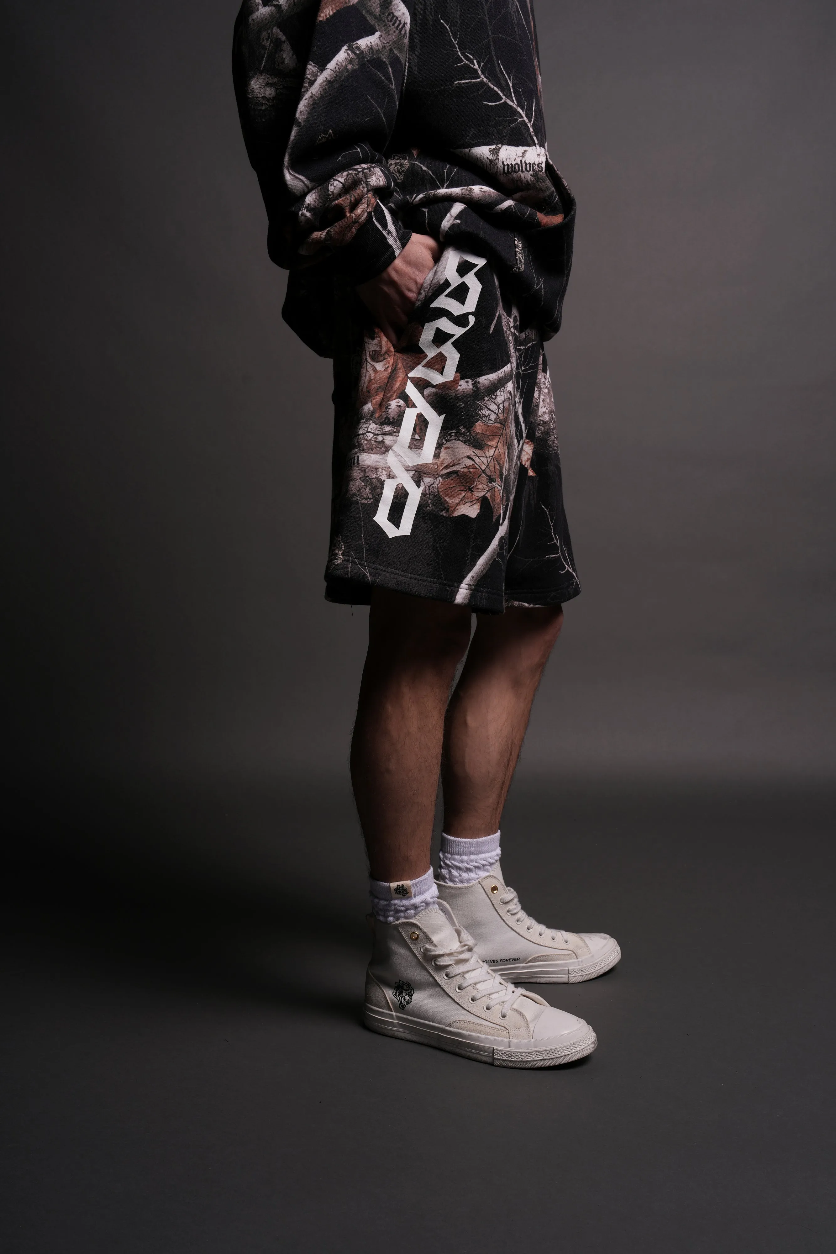 Our Mantra Oversized Post Lounge Sweat Shorts in Darc Woodland Camo