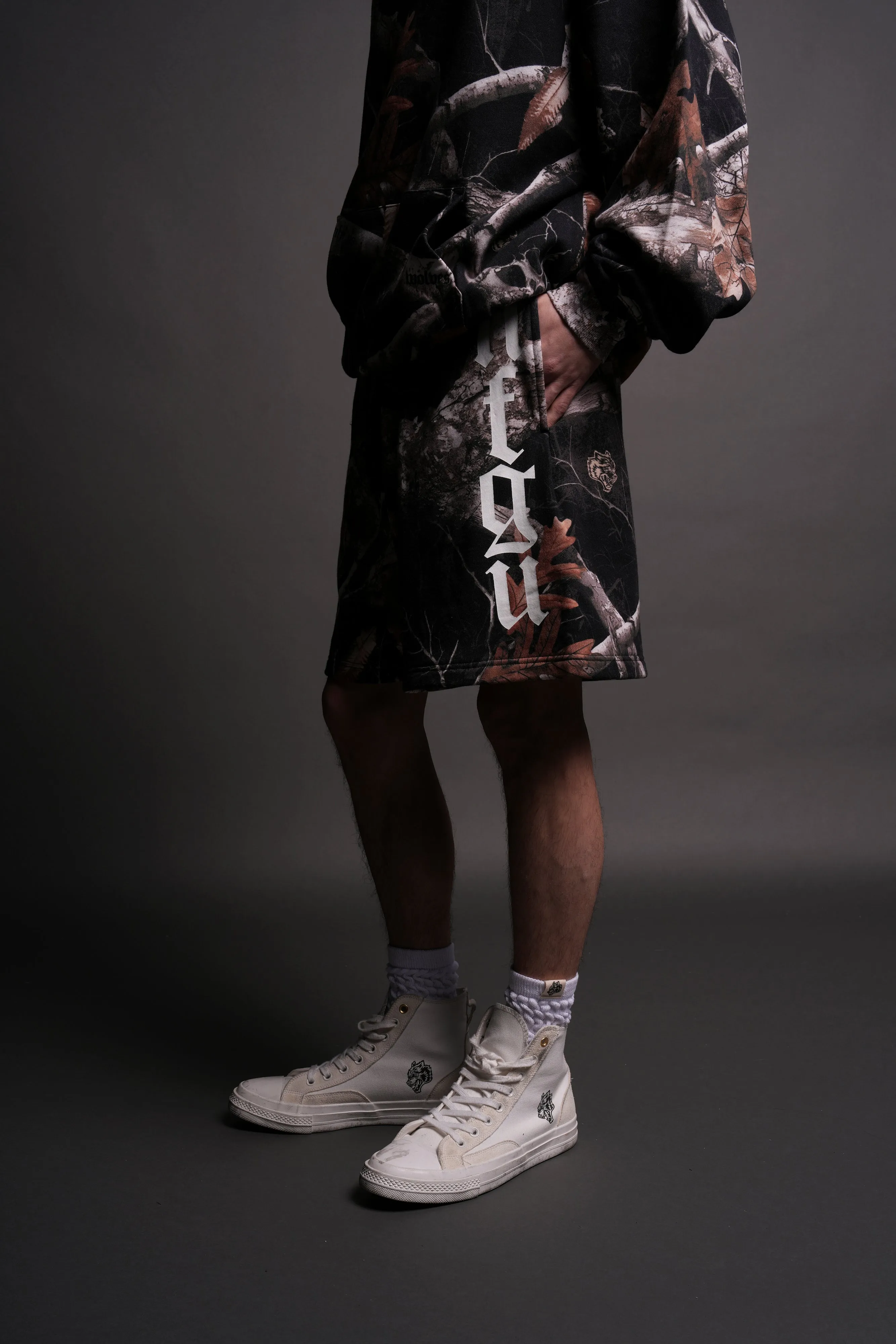 Our Mantra Oversized Post Lounge Sweat Shorts in Darc Woodland Camo