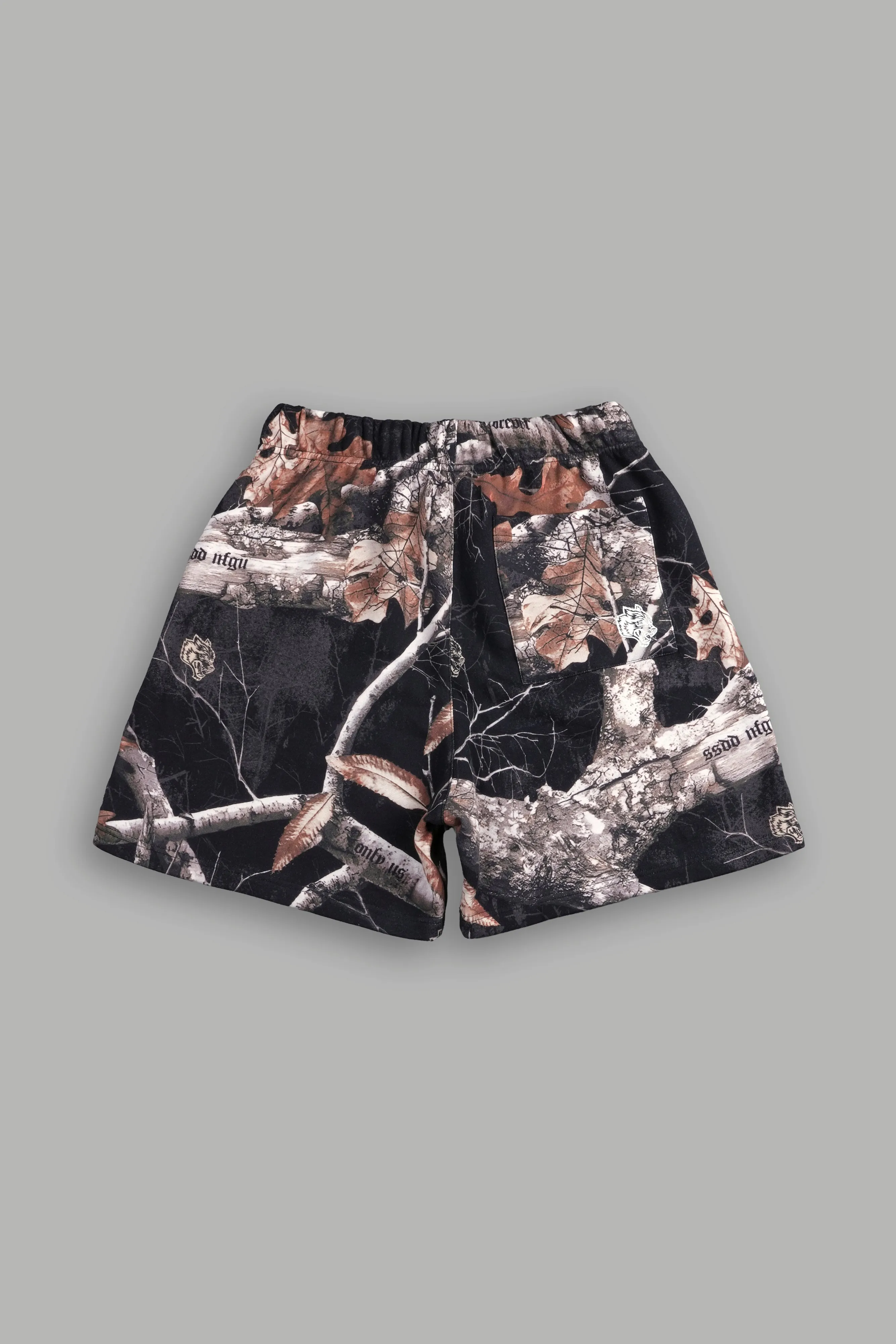 Our Mantra Oversized Post Lounge Sweat Shorts in Darc Woodland Camo