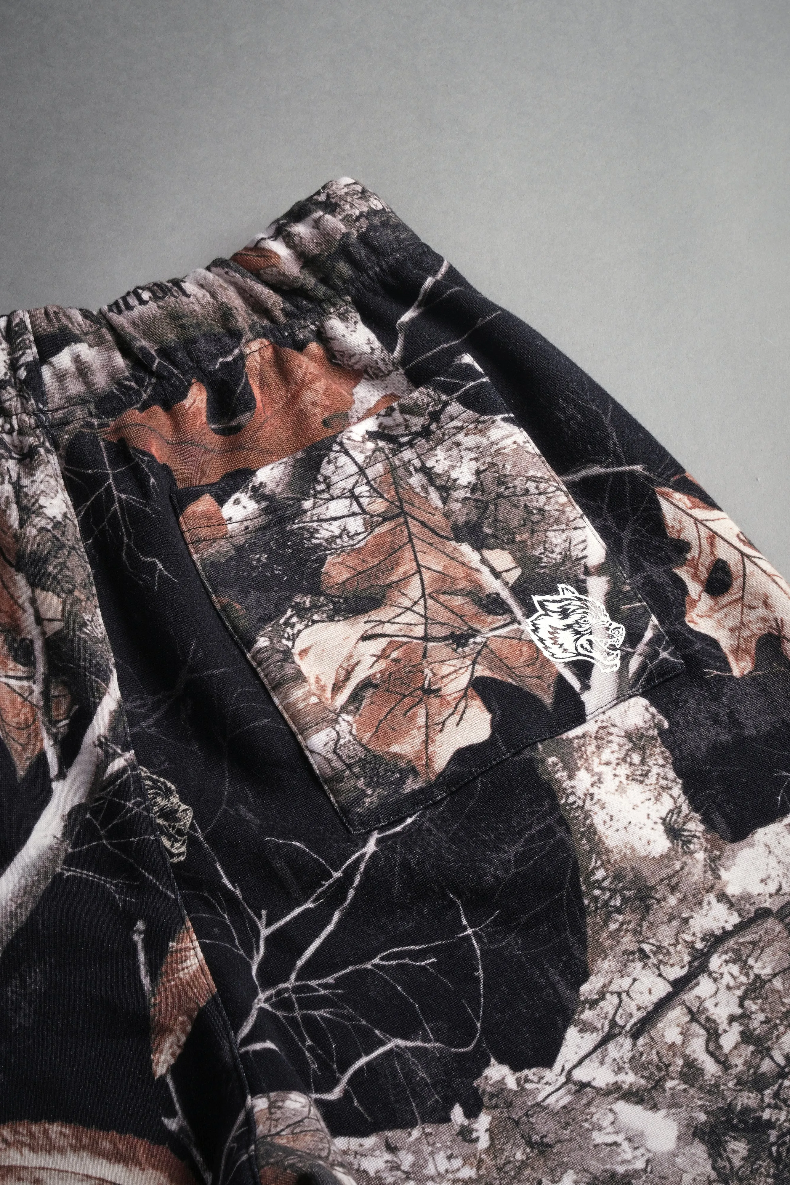 Our Mantra Oversized Post Lounge Sweat Shorts in Darc Woodland Camo