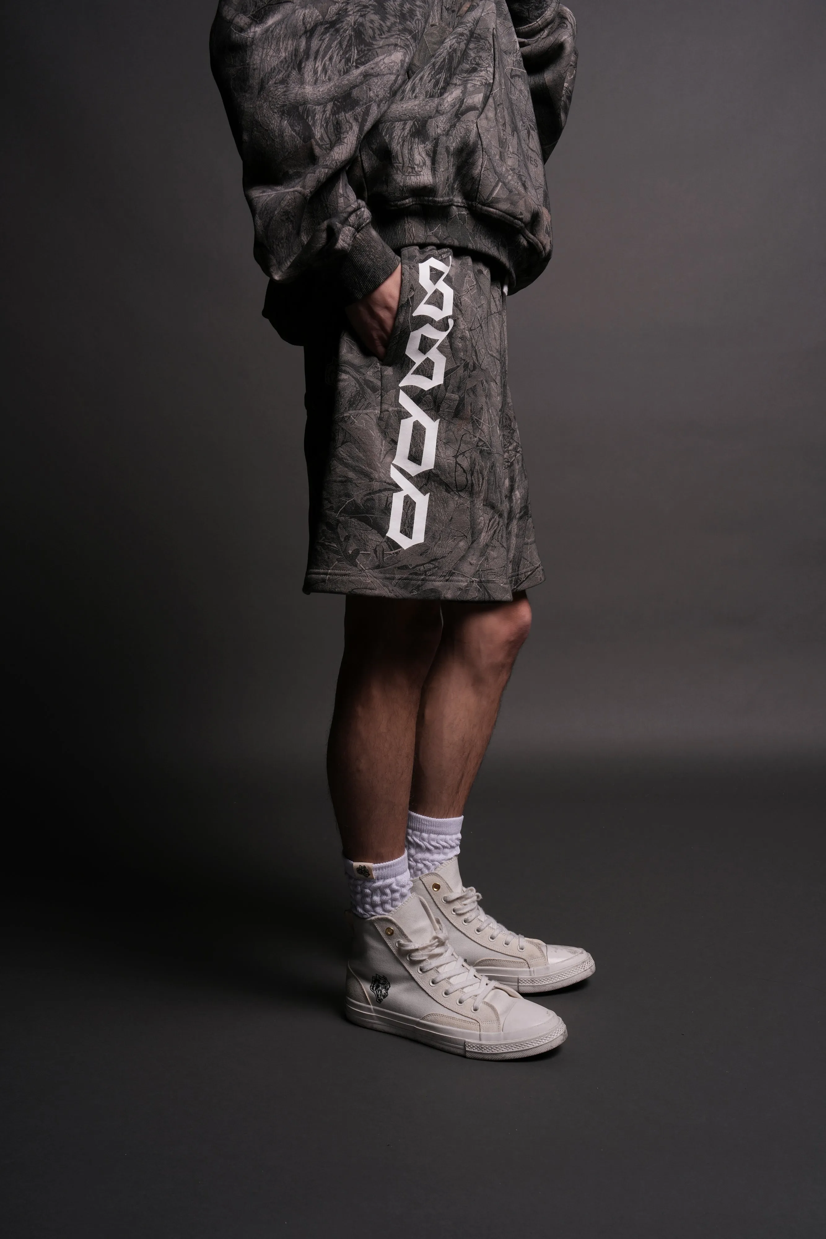 Our Mantra Oversized Post Lounge Sweat Shorts in Driftwood Wolf Forest Camo