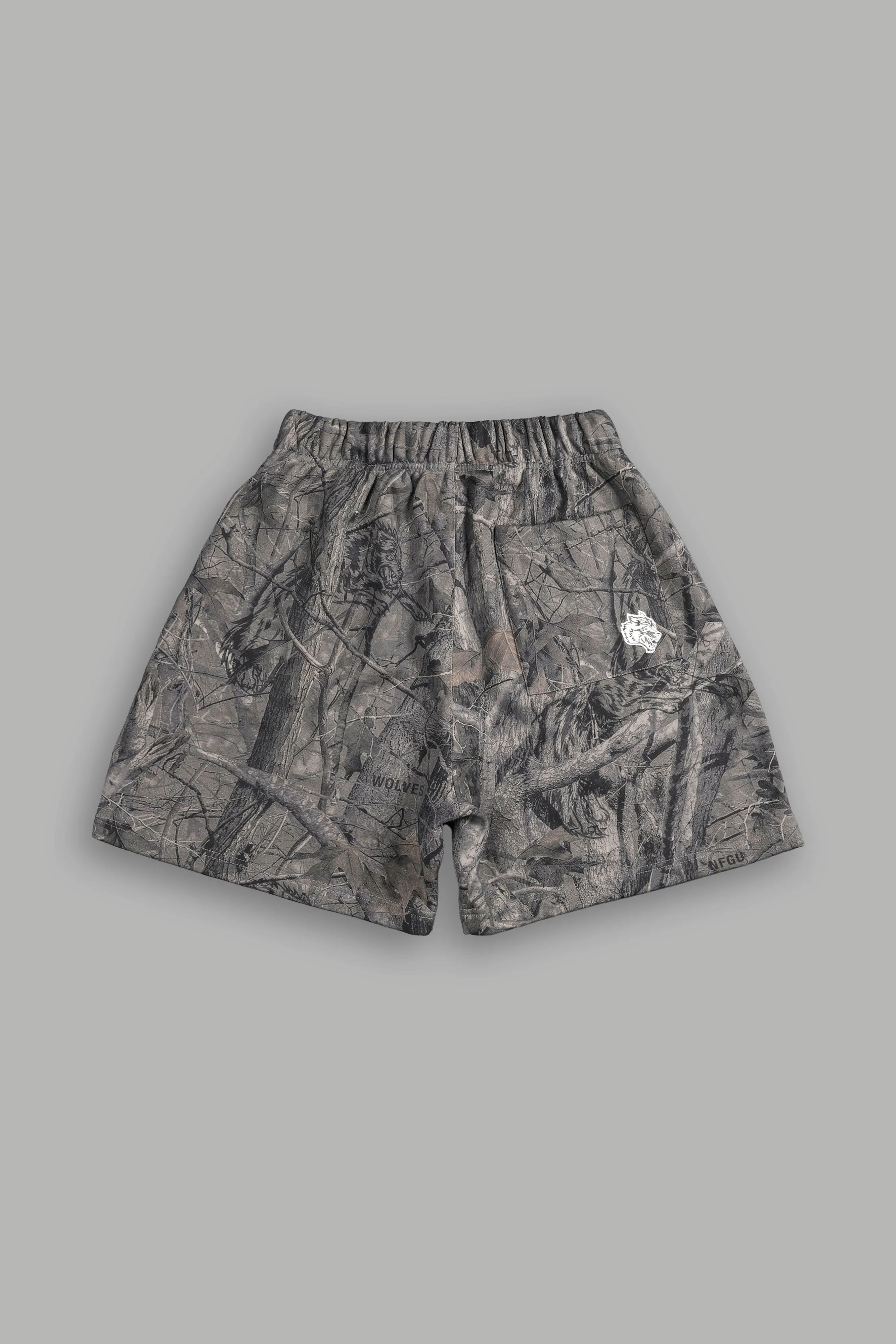 Our Mantra Oversized Post Lounge Sweat Shorts in Driftwood Wolf Forest Camo