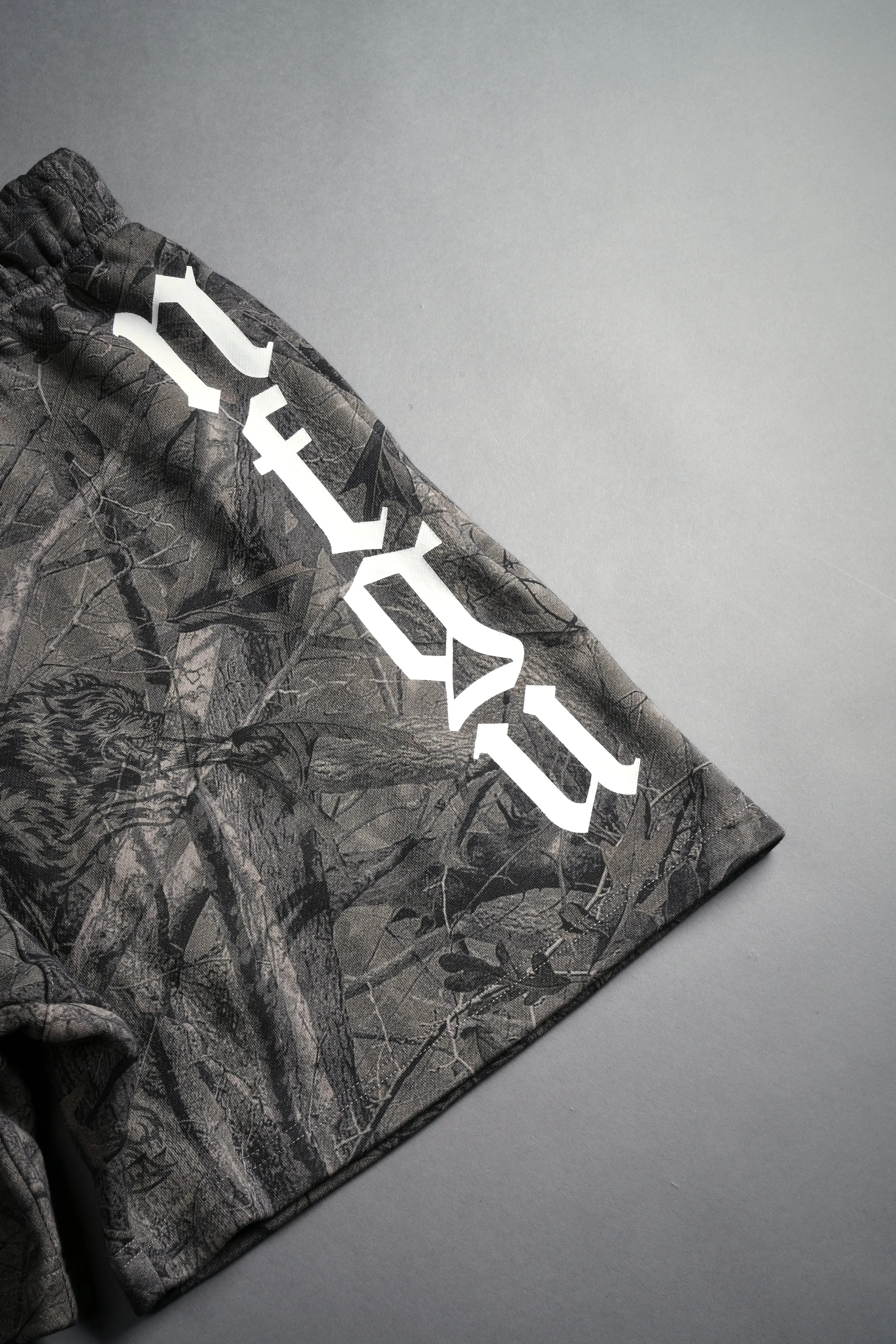 Our Mantra Oversized Post Lounge Sweat Shorts in Driftwood Wolf Forest Camo