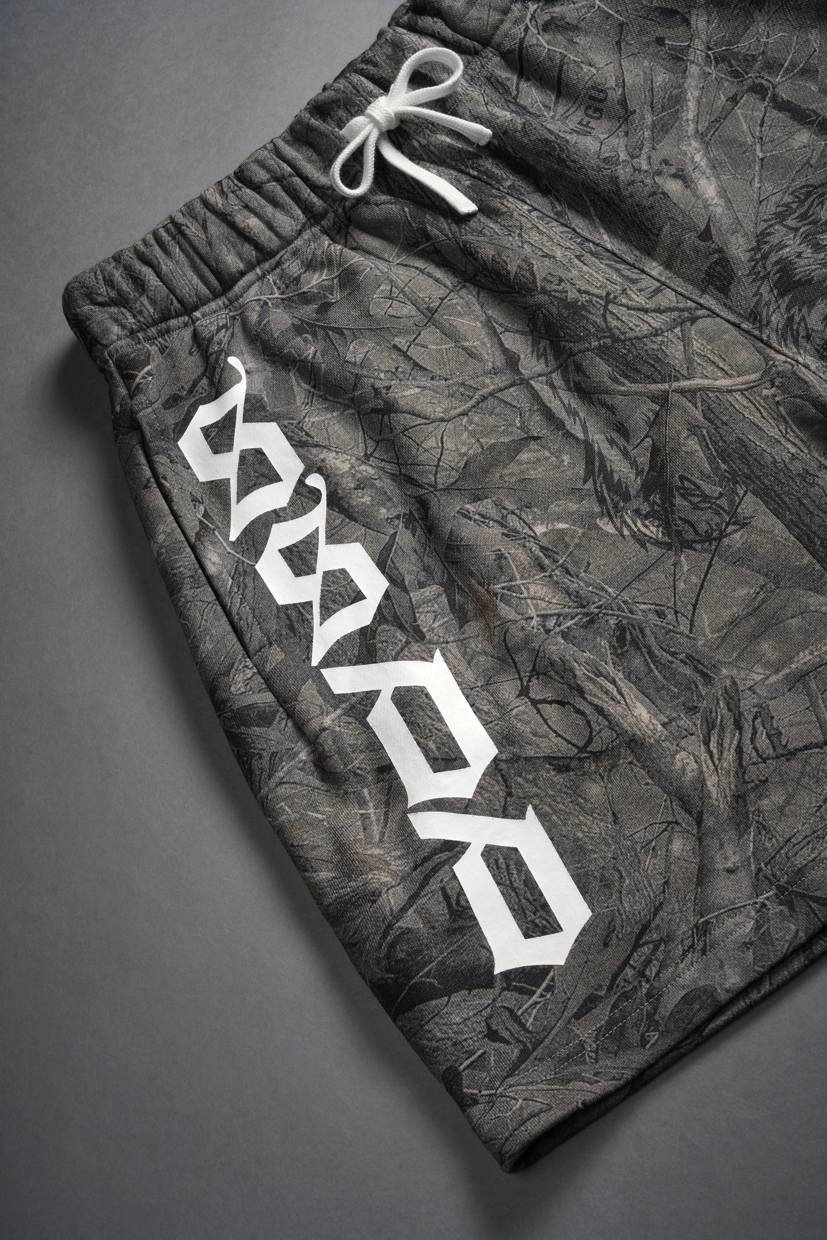 Our Mantra Oversized Post Lounge Sweat Shorts in Driftwood Wolf Forest Camo