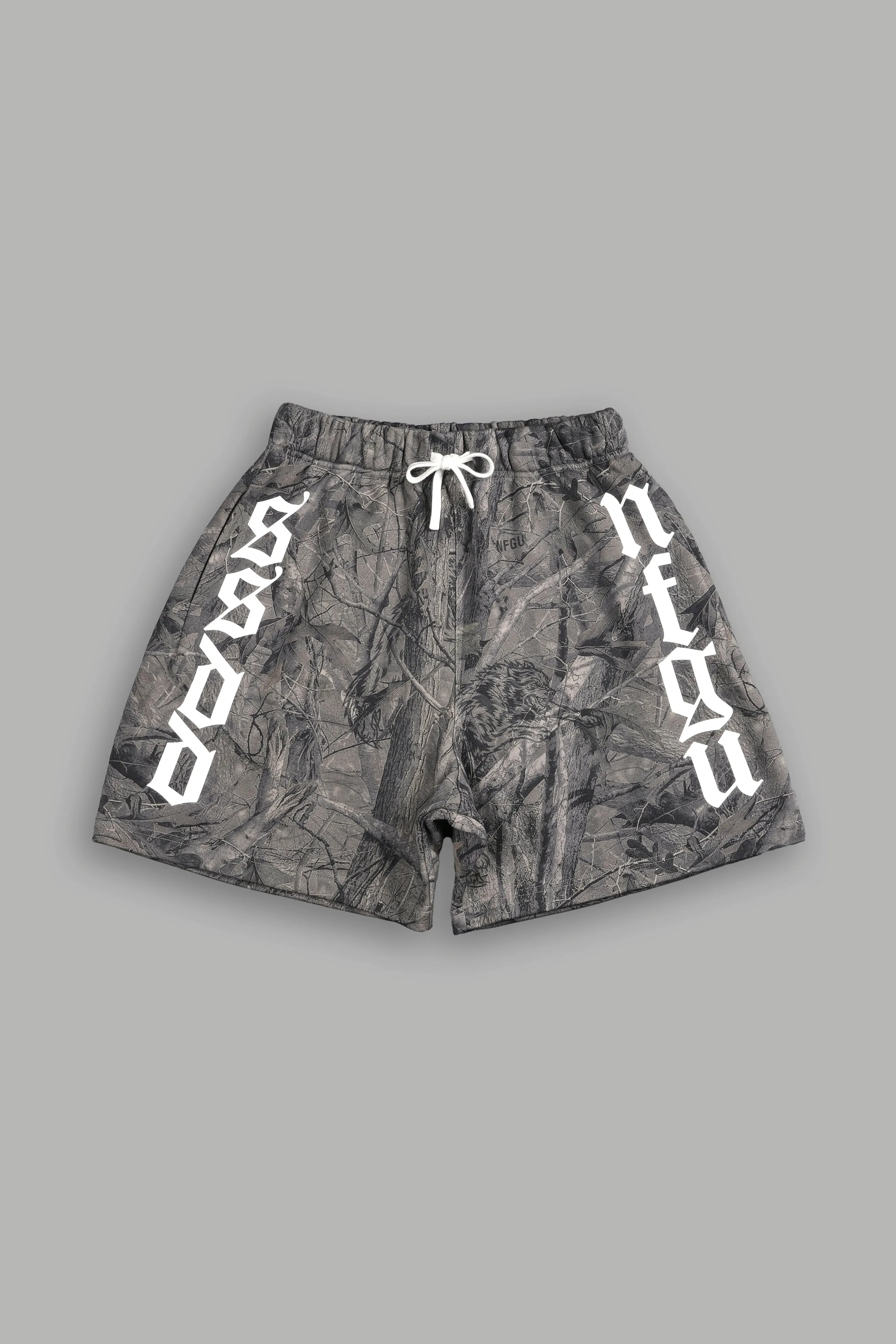 Our Mantra Oversized Post Lounge Sweat Shorts in Driftwood Wolf Forest Camo
