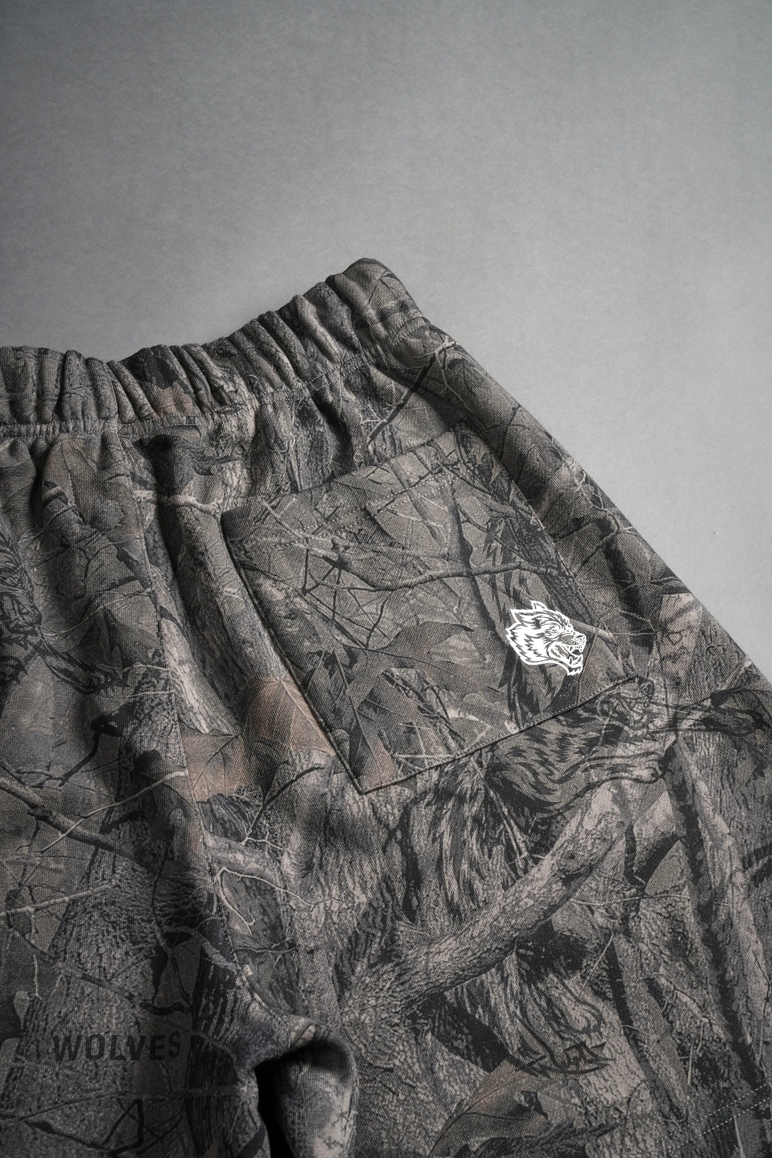 Our Mantra Oversized Post Lounge Sweat Shorts in Driftwood Wolf Forest Camo