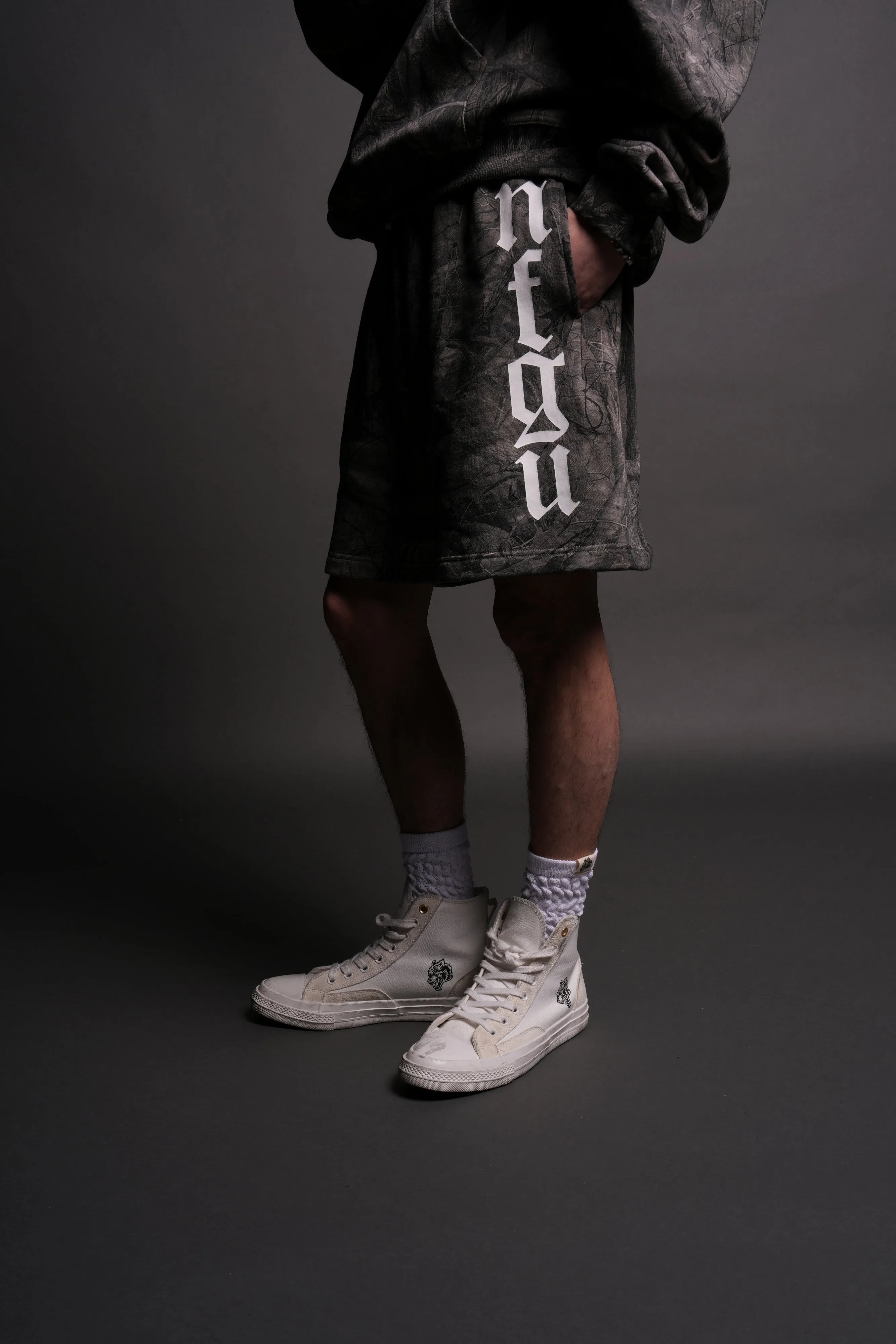 Our Mantra Oversized Post Lounge Sweat Shorts in Driftwood Wolf Forest Camo