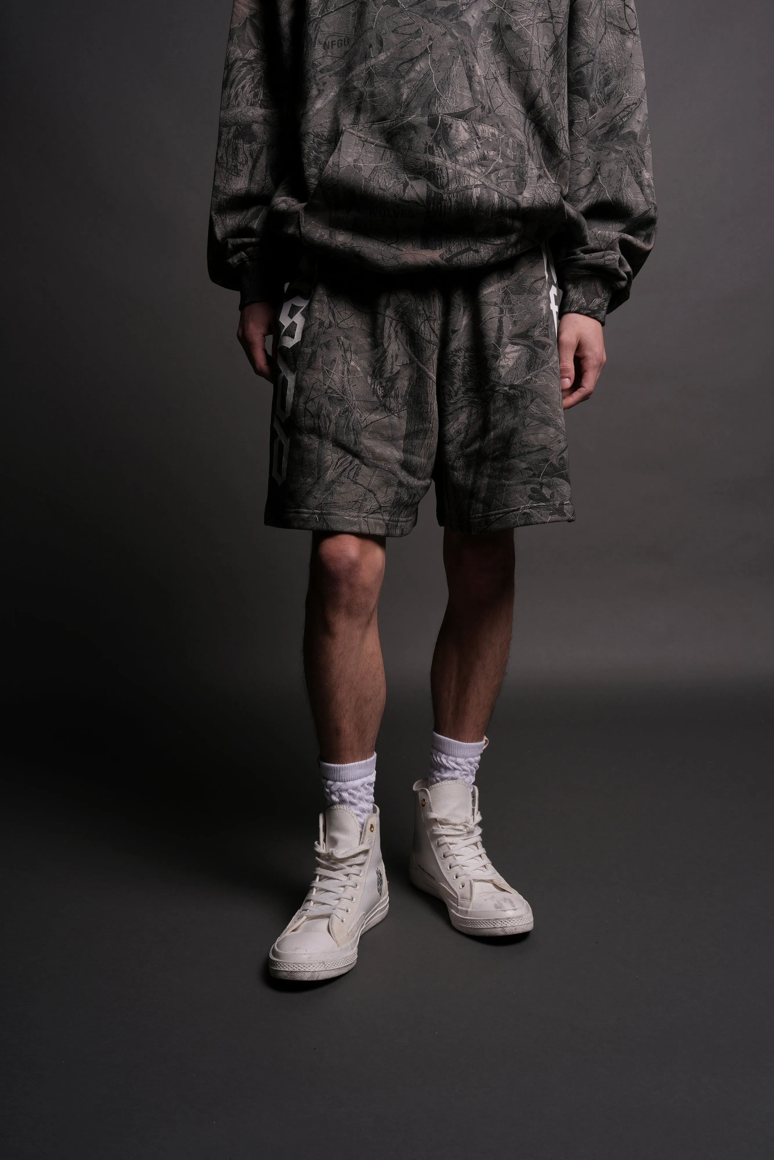 Our Mantra Oversized Post Lounge Sweat Shorts in Driftwood Wolf Forest Camo