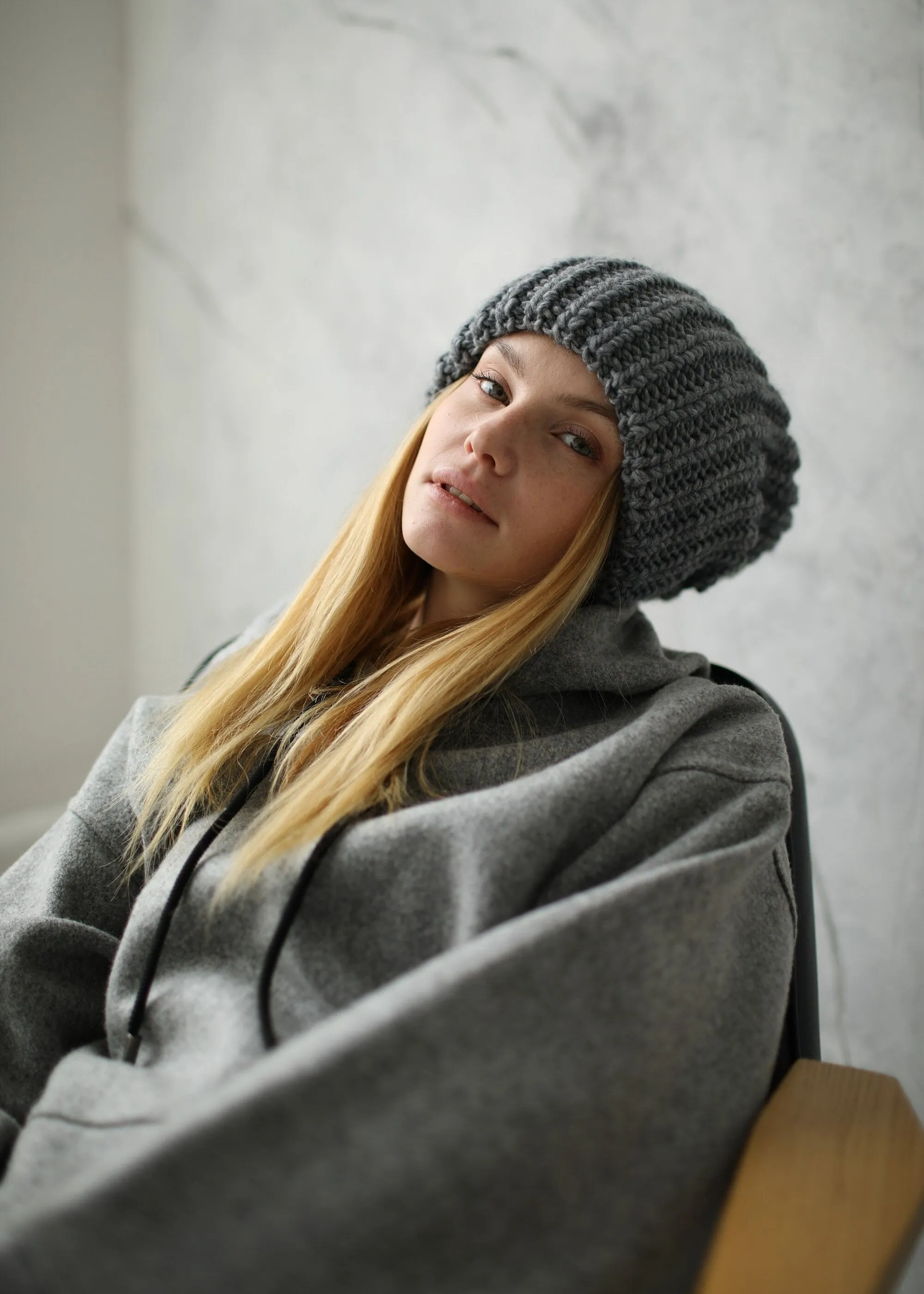Oversized Double-Layer Wool Hat in Grey