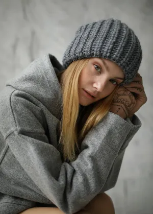Oversized Double-Layer Wool Hat in Grey