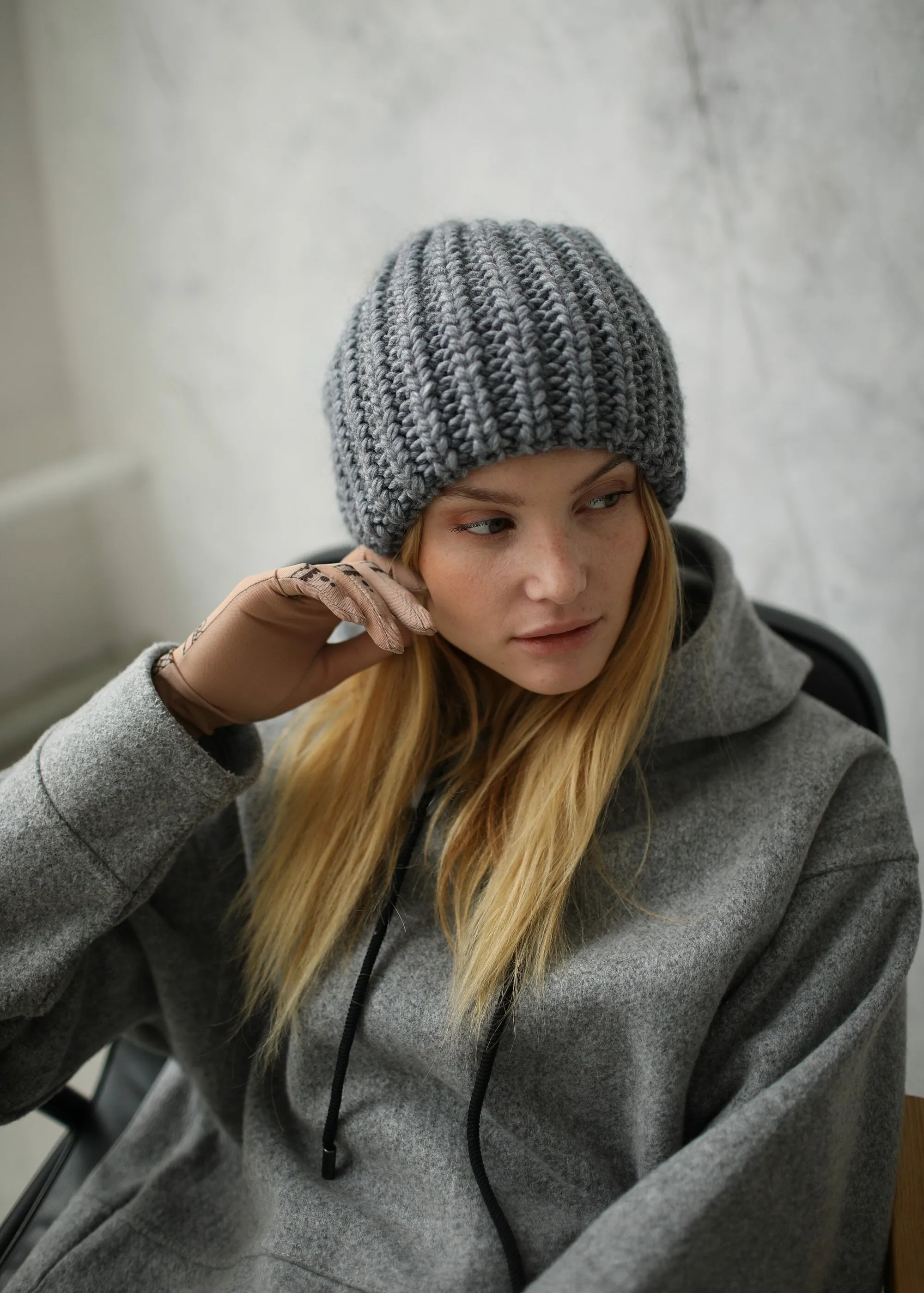 Oversized Double-Layer Wool Hat in Grey