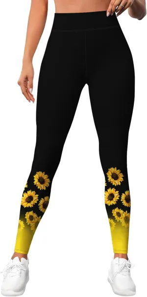 PAGYMO Leggings for Women Printed Womens Funny Gym Yoga Pants Sunflower Legging, X-Large, Wlg-030440